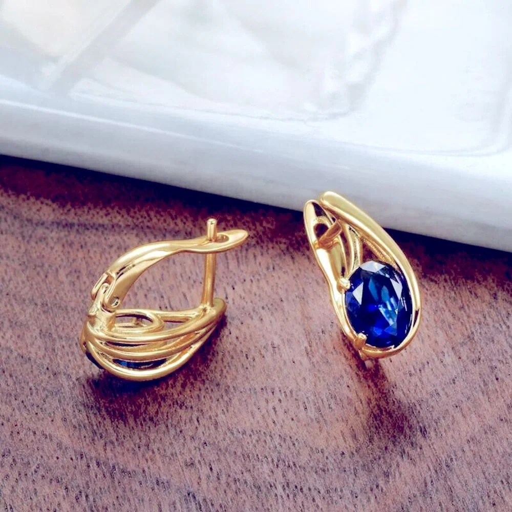 New 18k Gold Over Silver Blue Sapphire Huggie/Studs - Picture 3 of 5